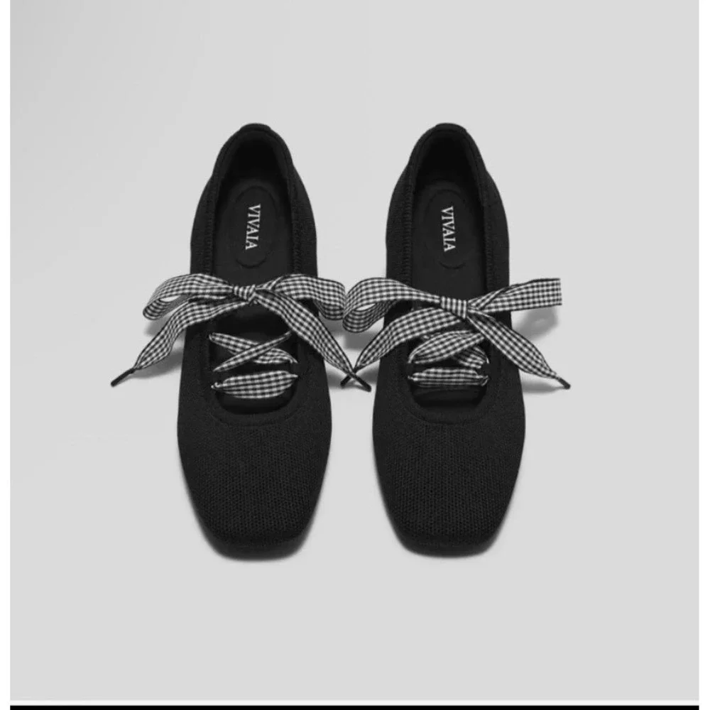 Vivaia Miley Black Square Toe Knit Ballet Flats Lace Up Shoes EU/39.5 US/8.5